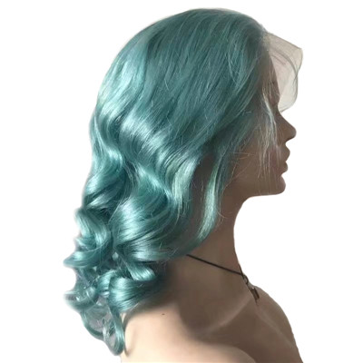 Peacock Blue Wavy Human Hair Full Lace Wig Fashion Color