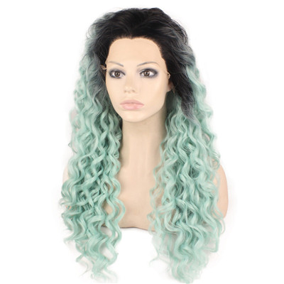 Baby Blue with Dark Roots Deep Curly Synthetic Lace Front Wig For Drag Queens