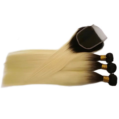 Straight Black To Blonde Ombre Hair Extensions With Lace Closure 100% Ukraine