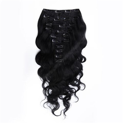 Jet Black Real Human Hair Clip In Extensions , Body Wave Indian Remy Hair Extens