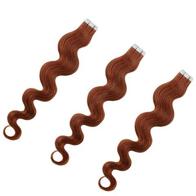Professional Seamless Tape In Human Hair Extensions Copper Red Body Wave
